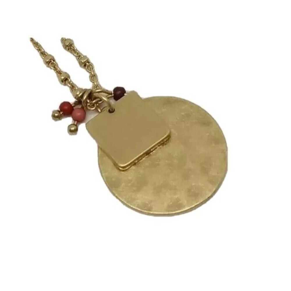 Gold Tone Necklace Petite Medallion Charm Pink Burgandy Beads 18" Chain